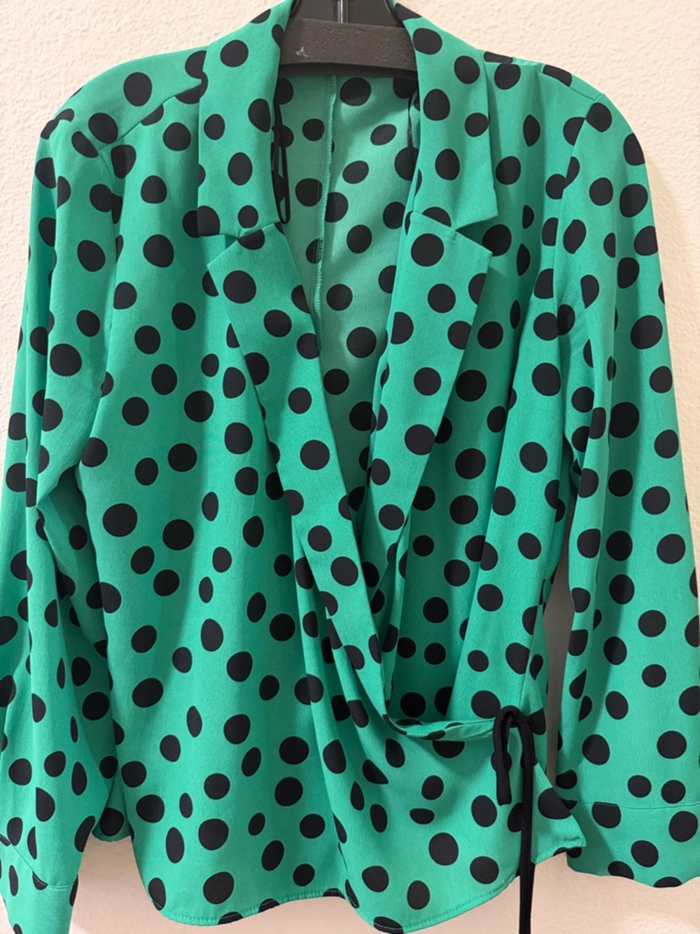 Zara Green Polka Dot Wrap Blouse with Black Dots